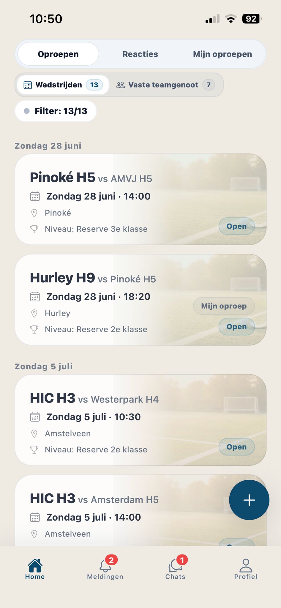 Fillosa app — wedstrijden overzicht